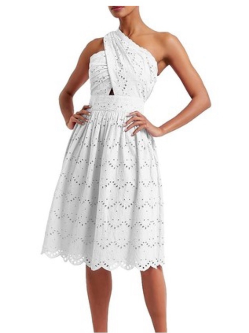 French Connection White One-Shoulder Eyelet Midi Dress